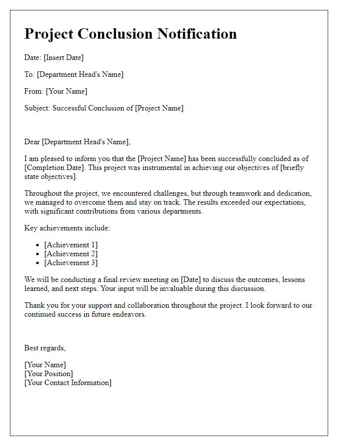 Letter template of successful project conclusion for department heads.