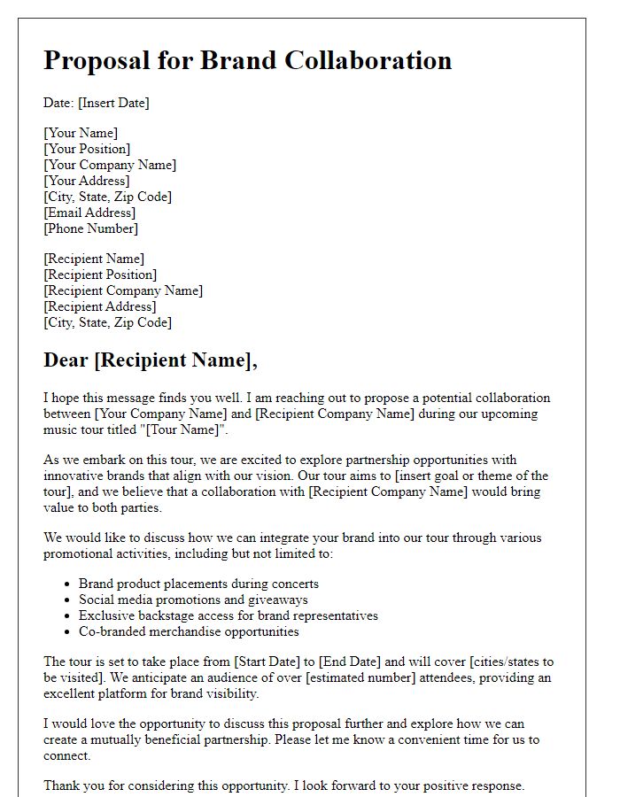 Letter template of proposal for brand collaboration in music tour