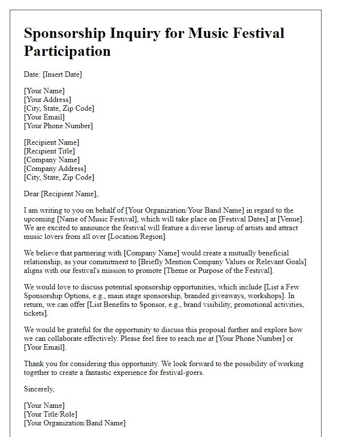 Letter template of sponsorship inquiry for music festival participation