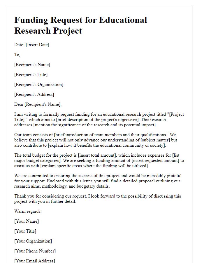 Letter template of funding request for educational research project.