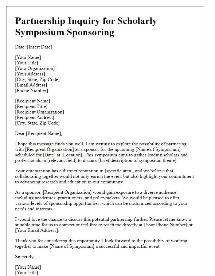 Letter template of partnership inquiry for scholarly symposium sponsoring.