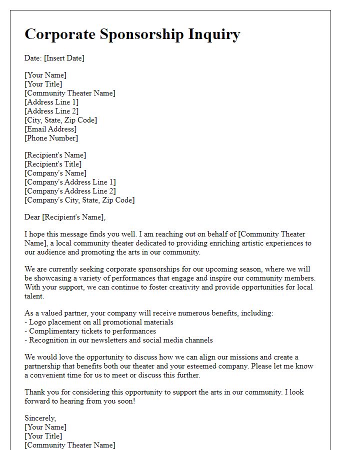 Letter template of community theater corporate sponsorship inquiry.