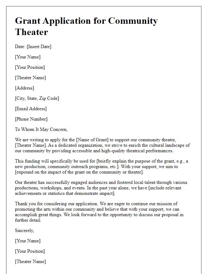 Letter template of community theater grant application.