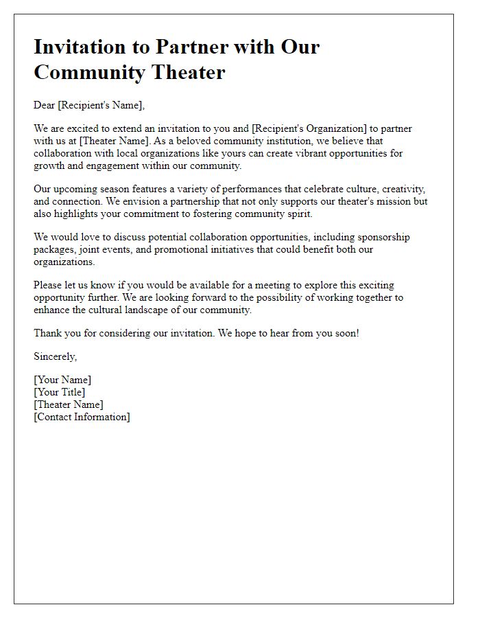 Letter template of community theater partnership invitation.