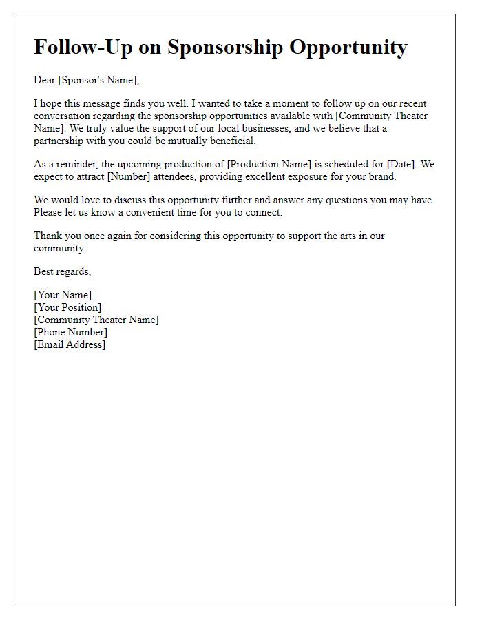 Letter template of community theater sponsorship follow-up.