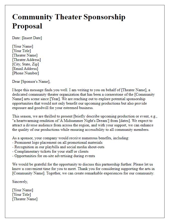 Letter template of community theater sponsorship proposal.