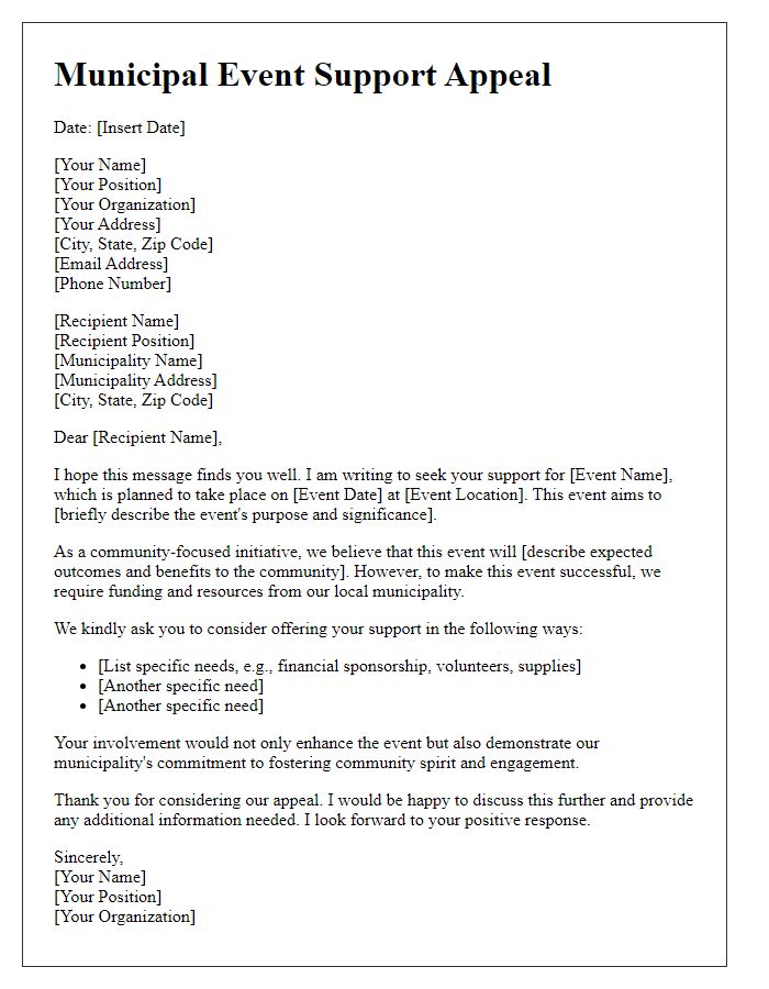 Letter template of municipal event support appeal