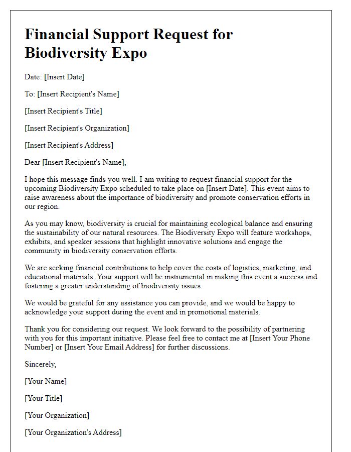 Letter template of financial support request for biodiversity expo