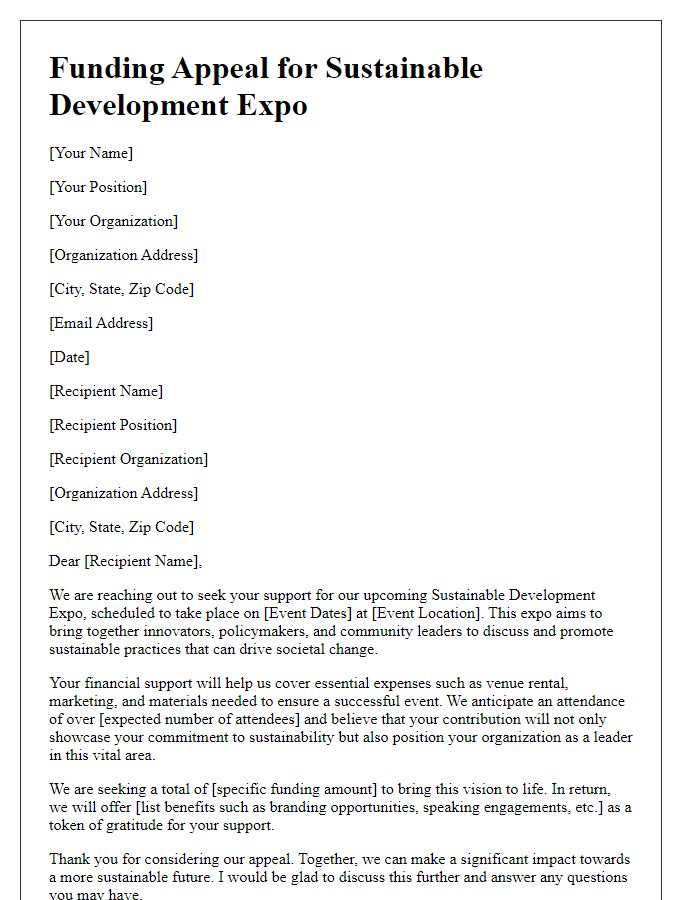 Letter template of funding appeal for sustainable development expo