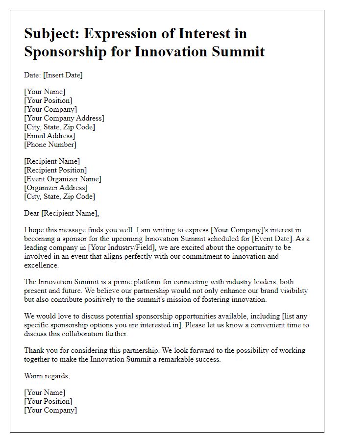 Letter template of Expressing Interest in Innovation Summit Sponsorship