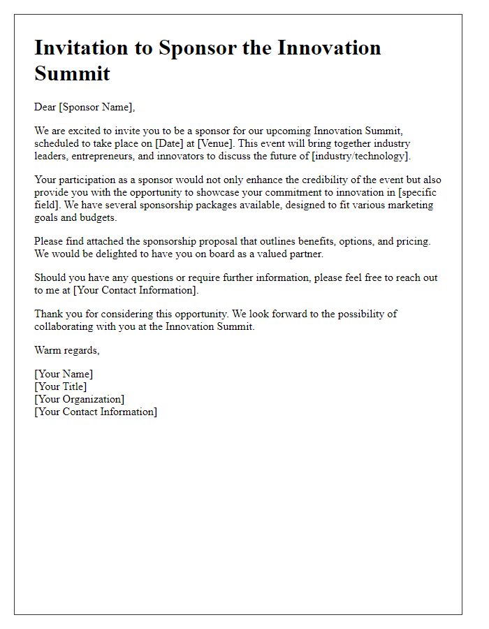 Letter template of Invitation to Sponsor Innovation Summit