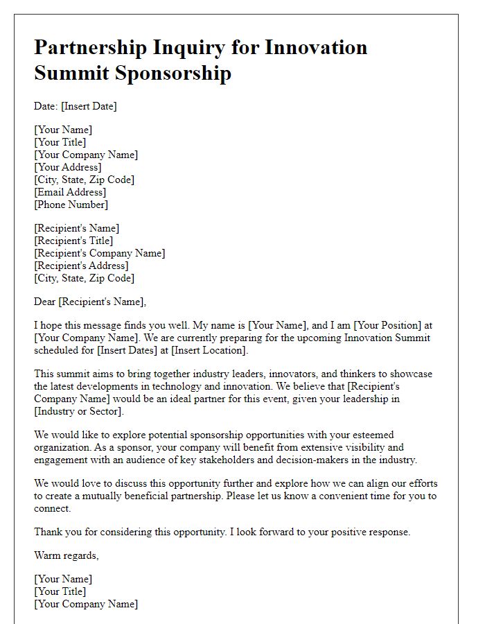 Letter template of Partnership Inquiry for Innovation Summit Sponsorship