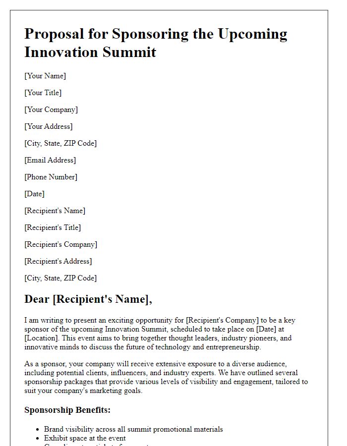 Letter template of Proposal for Sponsoring the Upcoming Innovation Summit