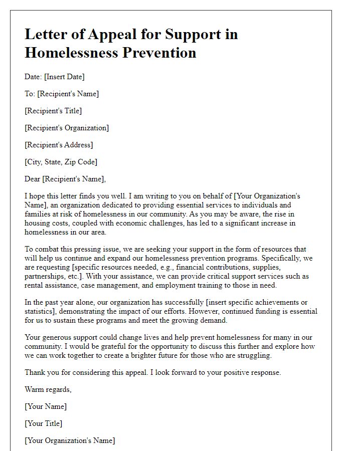 Letter template of appeal for resources to support homelessness prevention.