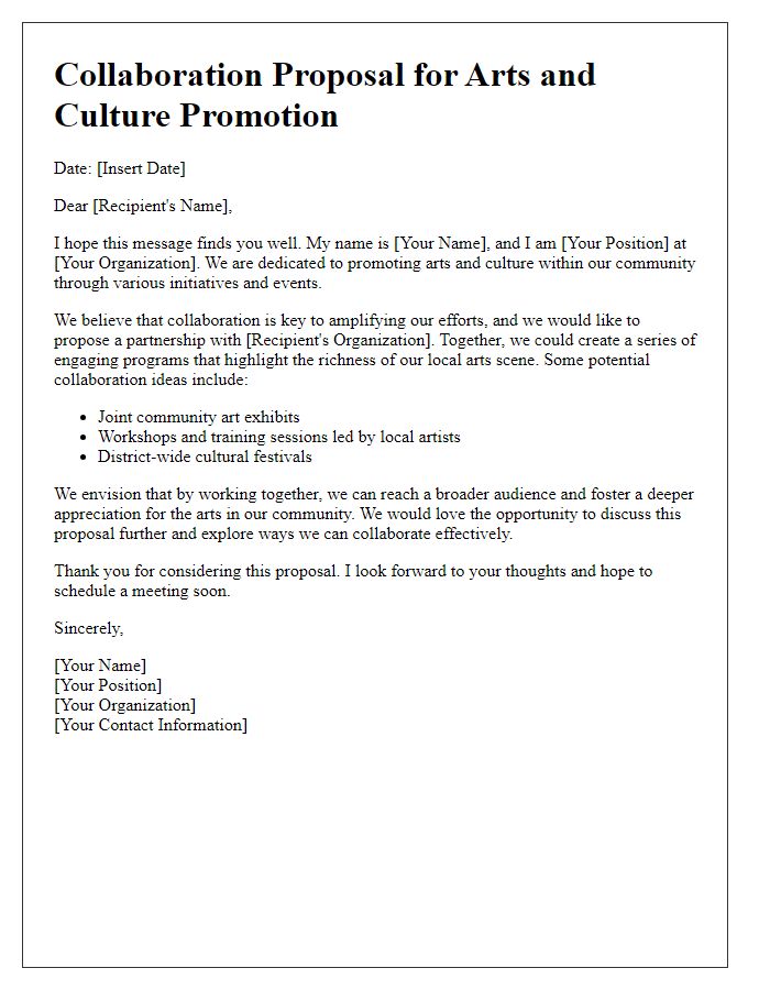 Letter template of collaboration proposal for arts and culture promotion.