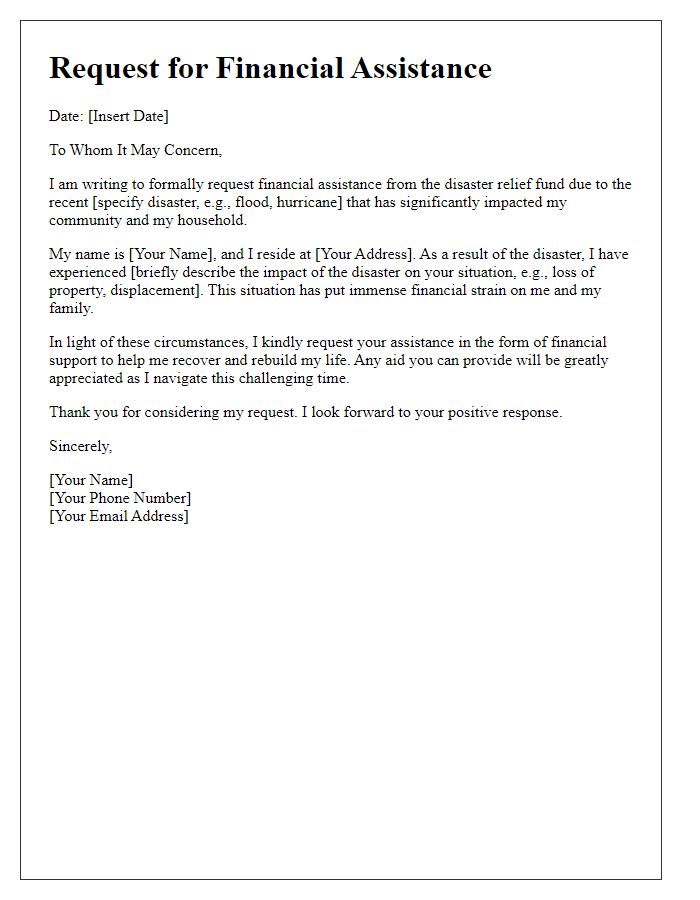 Letter template of financial assistance request for disaster relief fund.