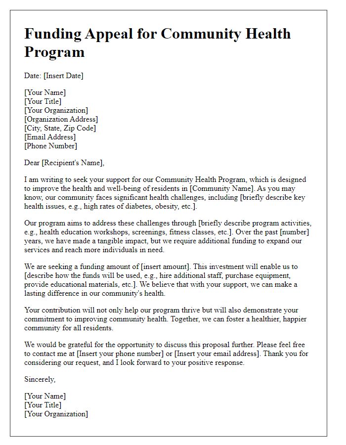 Letter template of funding appeal for community health program.