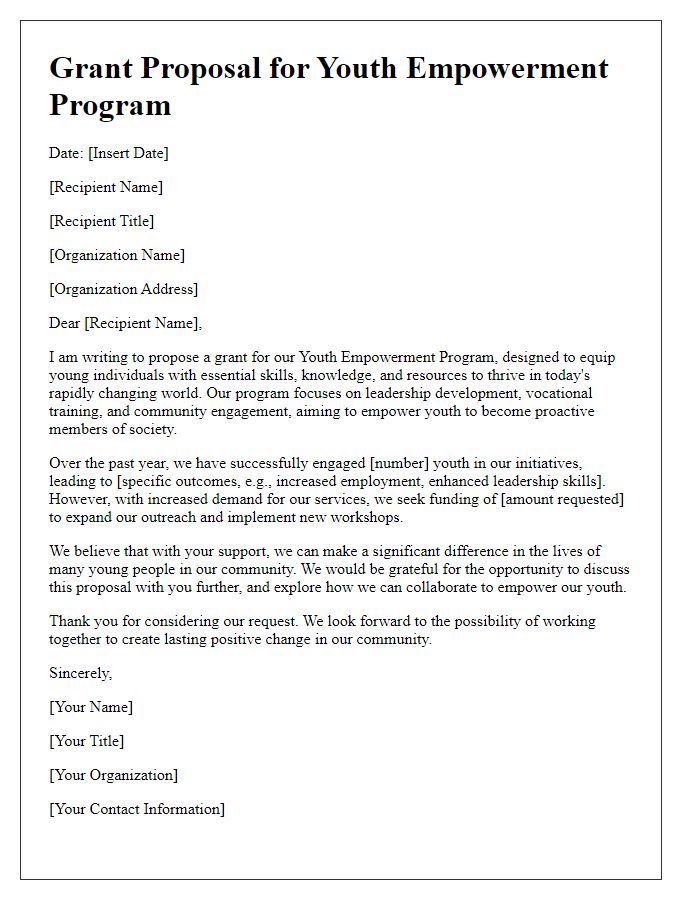 Letter template of grant proposal for youth empowerment program.