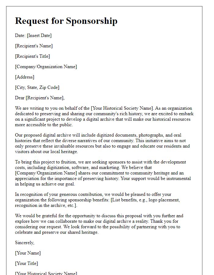 Letter template of historical society sponsorship request for digital archive development