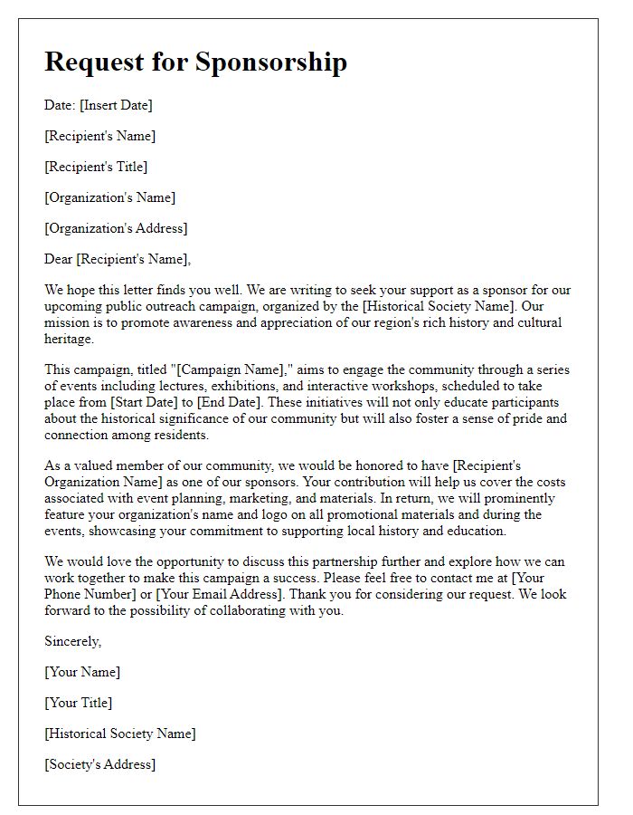 Letter template of historical society sponsorship request for public outreach campaigns