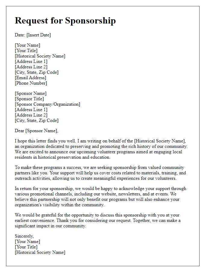 Letter template of historical society sponsorship request for volunteer programs