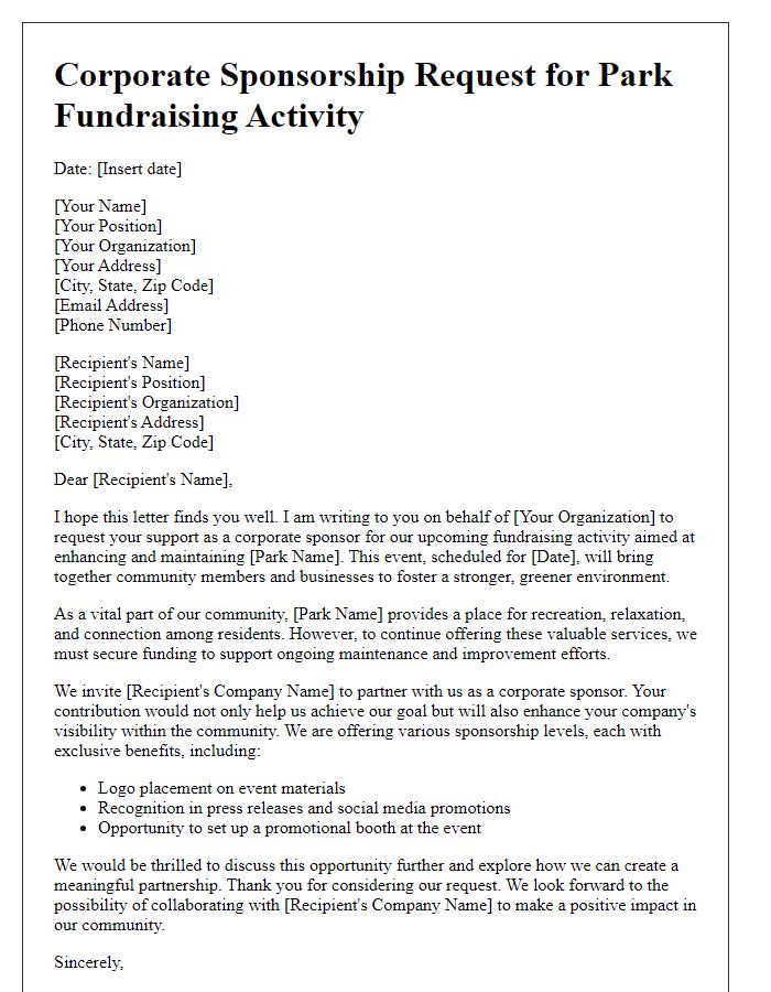 Letter template of corporate sponsorship request for park fundraising activity.