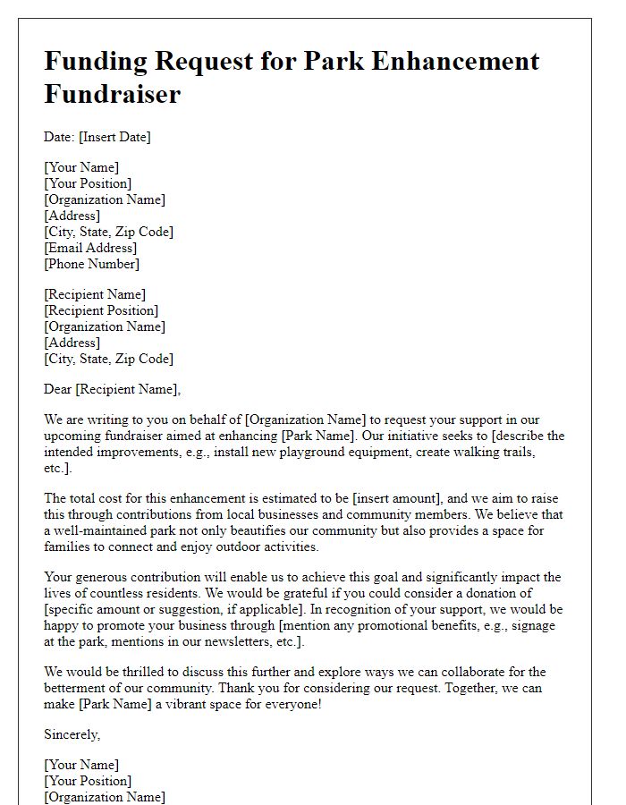 Letter template of funding request for park enhancement fundraiser.