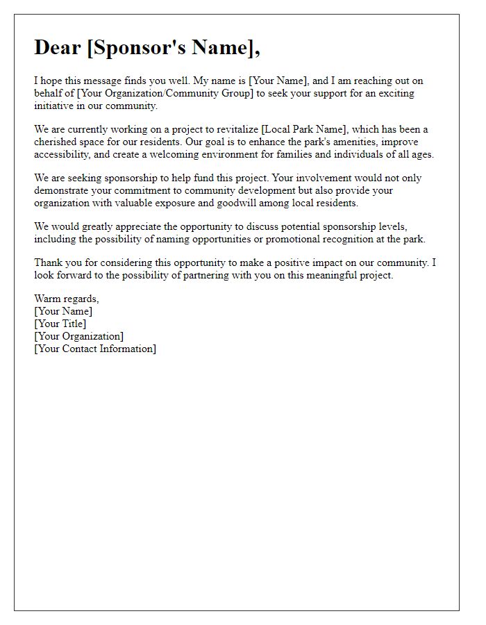 Letter template of sponsorship appeal for local park project.