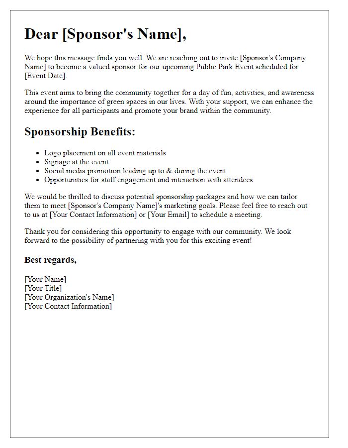 Letter template of sponsorship engagement for public park event.