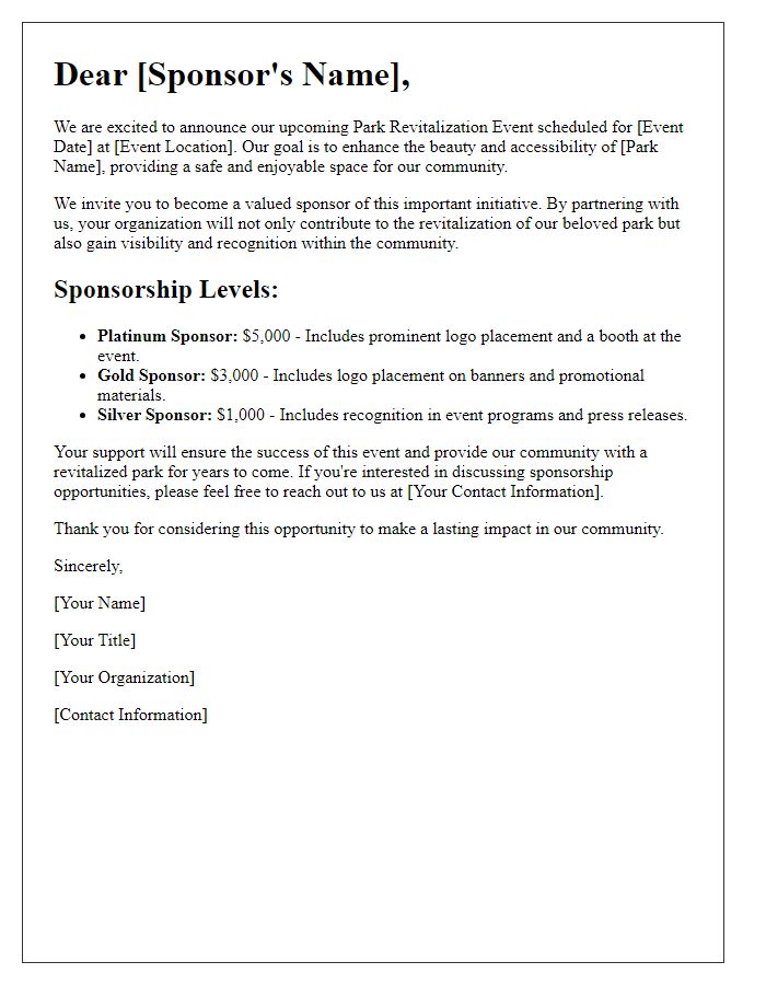 Letter template of sponsorship opportunity for park revitalization event.