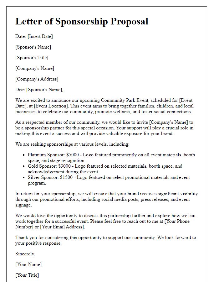 Letter template of sponsorship proposal for community park event.