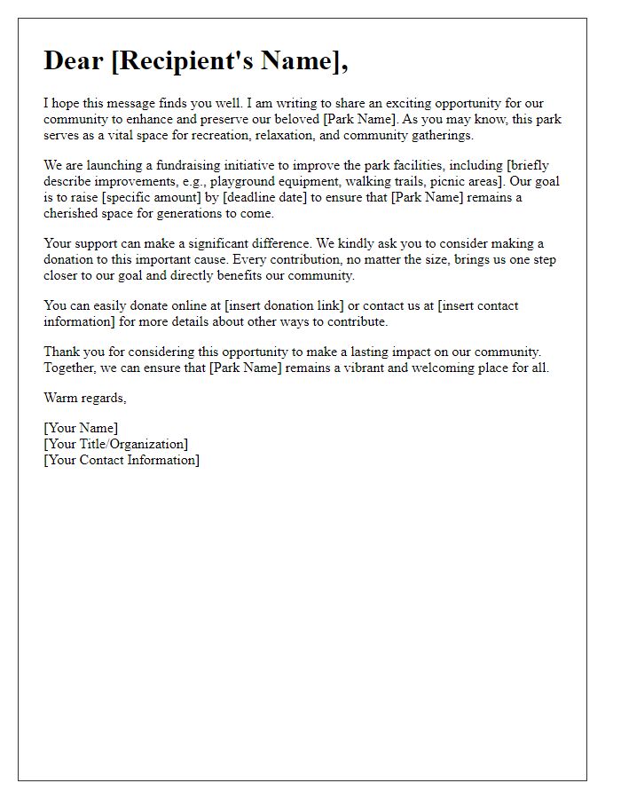 Letter template of support solicitation for park fundraising initiative.