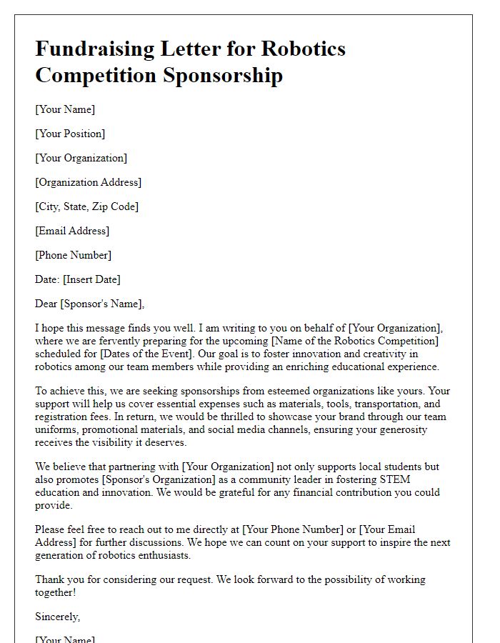 Letter template of fundraising letter for robotics competition sponsorship.