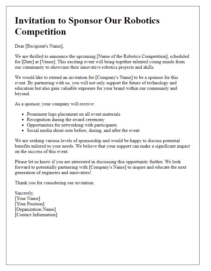 Letter template of invitation for local business sponsorship in robotics competition.