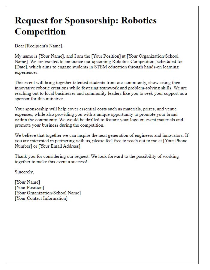 Letter template of outreach for community support in robotics competition sponsorship.