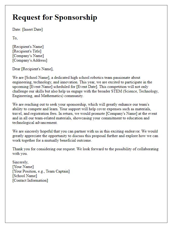 Letter template of promotional letter for seeking sponsorship in high school robotics events.