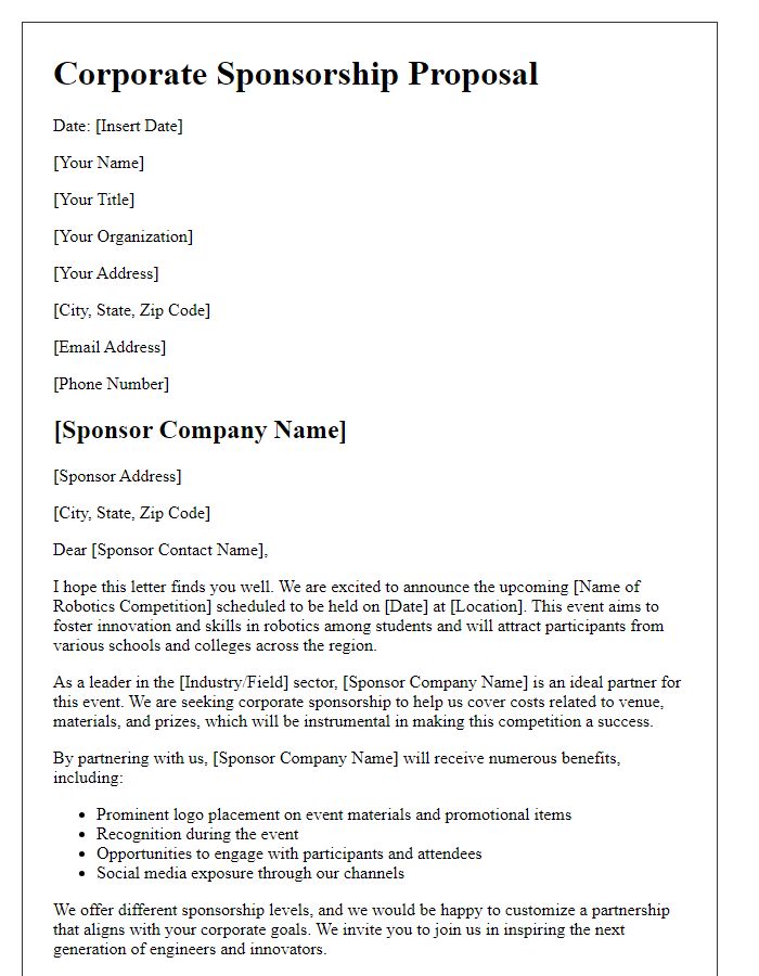 Letter template of proposal for corporate sponsorship in robotics competition.