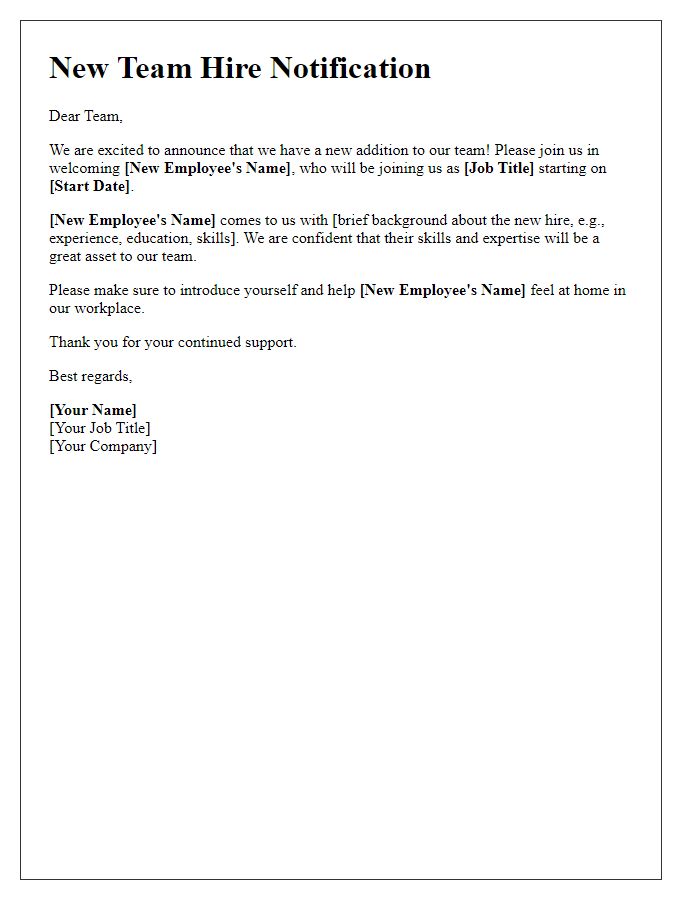 Letter template of notification for a new team hire