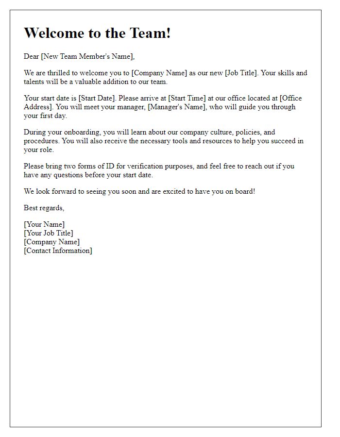 Letter template of onboarding for a newly joined team member