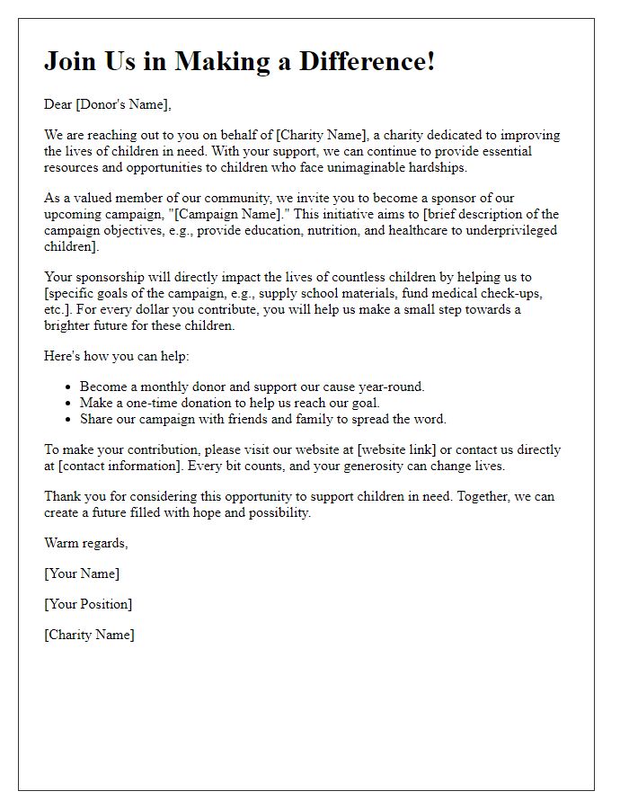 Letter template of children's charity sponsorship appeal for online campaigns