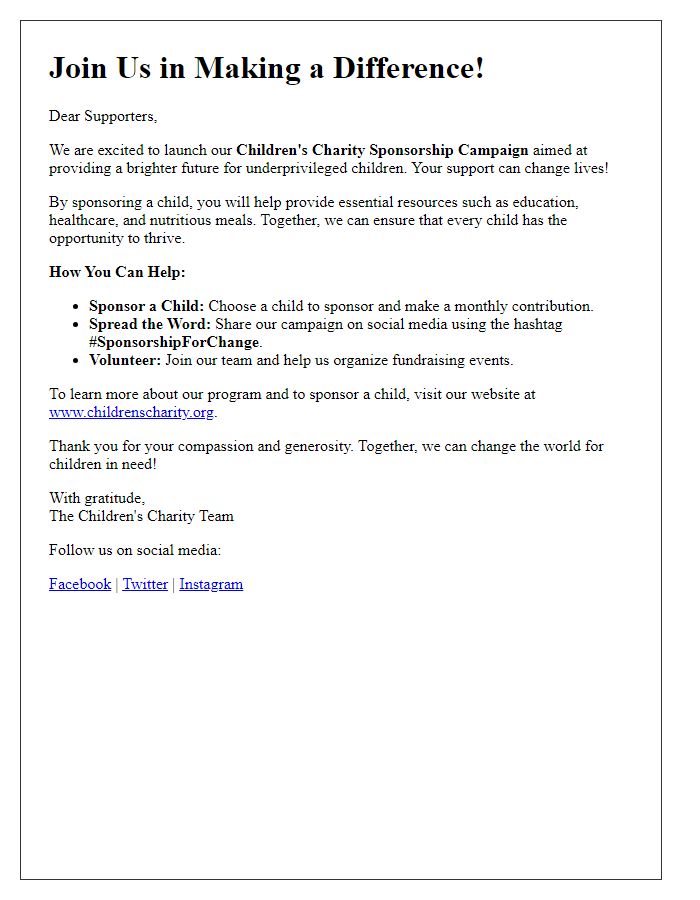 Letter template of children's charity sponsorship campaign for social media