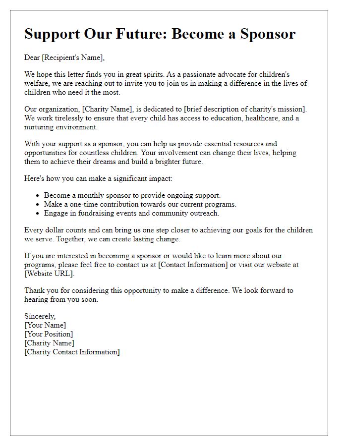 Letter template of children's charity sponsorship outreach to individuals