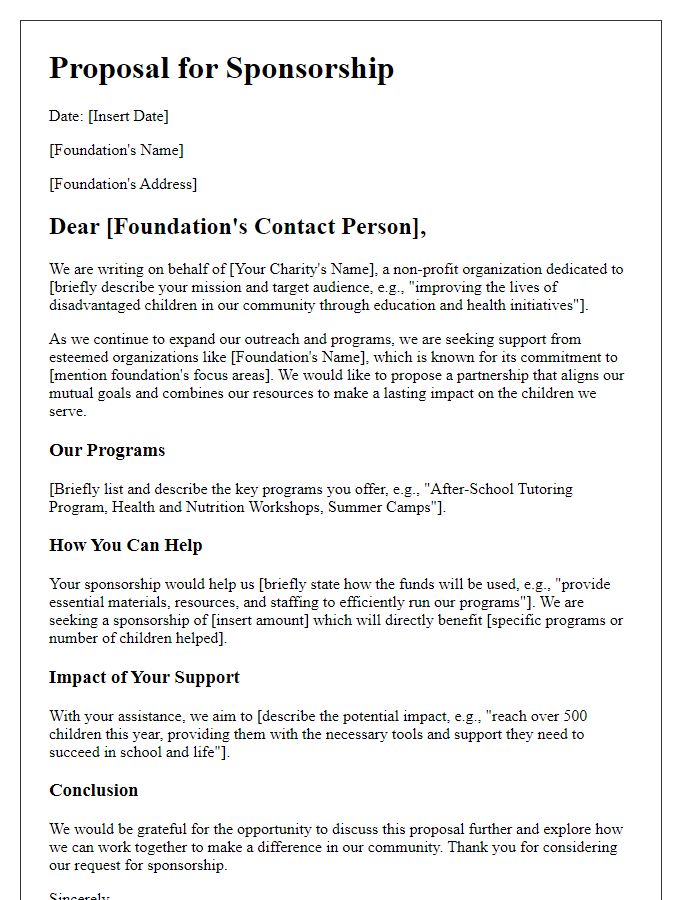 Letter template of children's charity sponsorship proposal for foundations