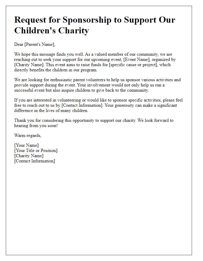 Letter template of children's charity sponsorship request for parent volunteers