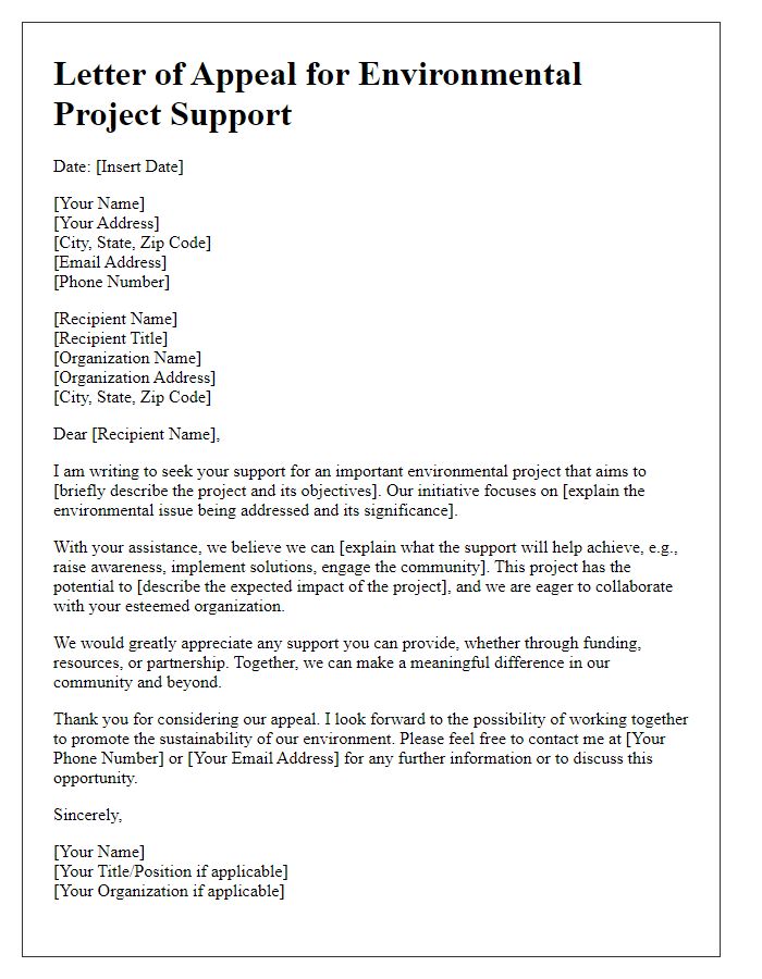 Letter template of appeal for environmental project support