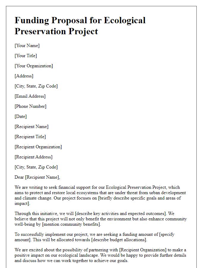 Letter template of funding proposal for ecological preservation project