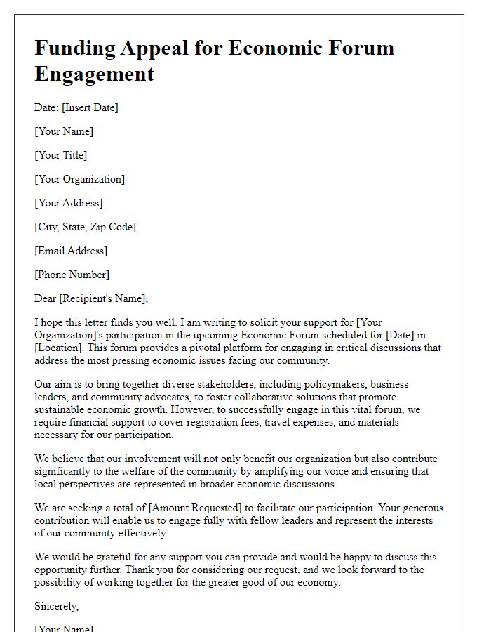 Letter template of funding appeal for economic forum engagement