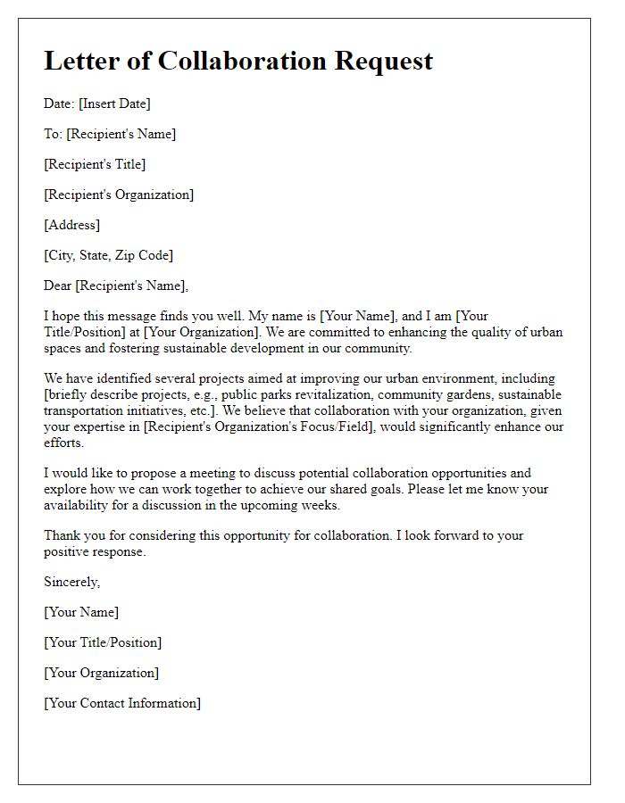 Letter template of collaboration request for urban improvement.