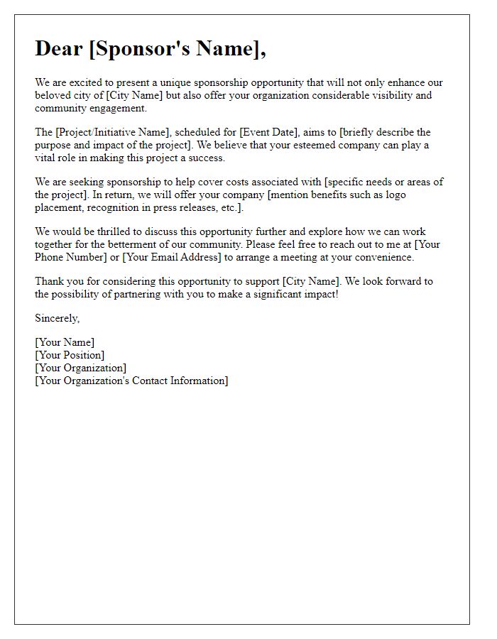 Letter template of sponsorship opportunity for city enhancement.