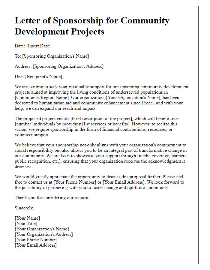 Letter template of humanitarian aid sponsorship for community development projects.